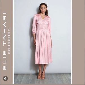 NWOT Elie Tahari satin smock pleat dress pink